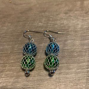Blue and Green Netted Drop Earrings